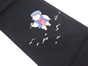 童子・独楽模様織出し開き名古屋帯（額縁仕立て）